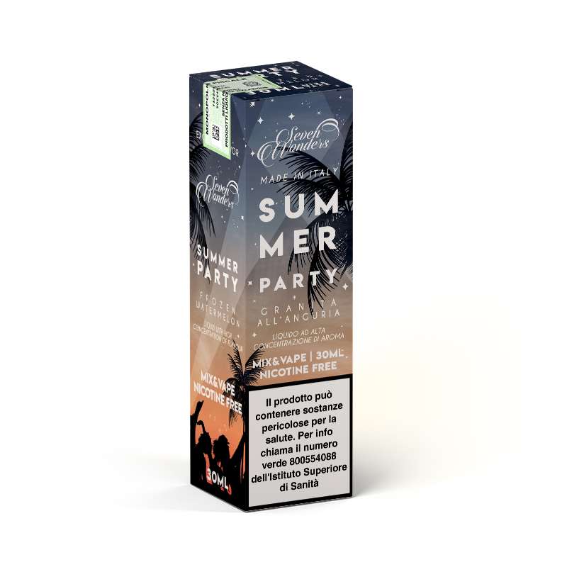 Confezione liquido SummerParty 30ml – aroma fruttato all’anguria Seven Wonders, dettaglio scatola MoarSvapo Fabriano