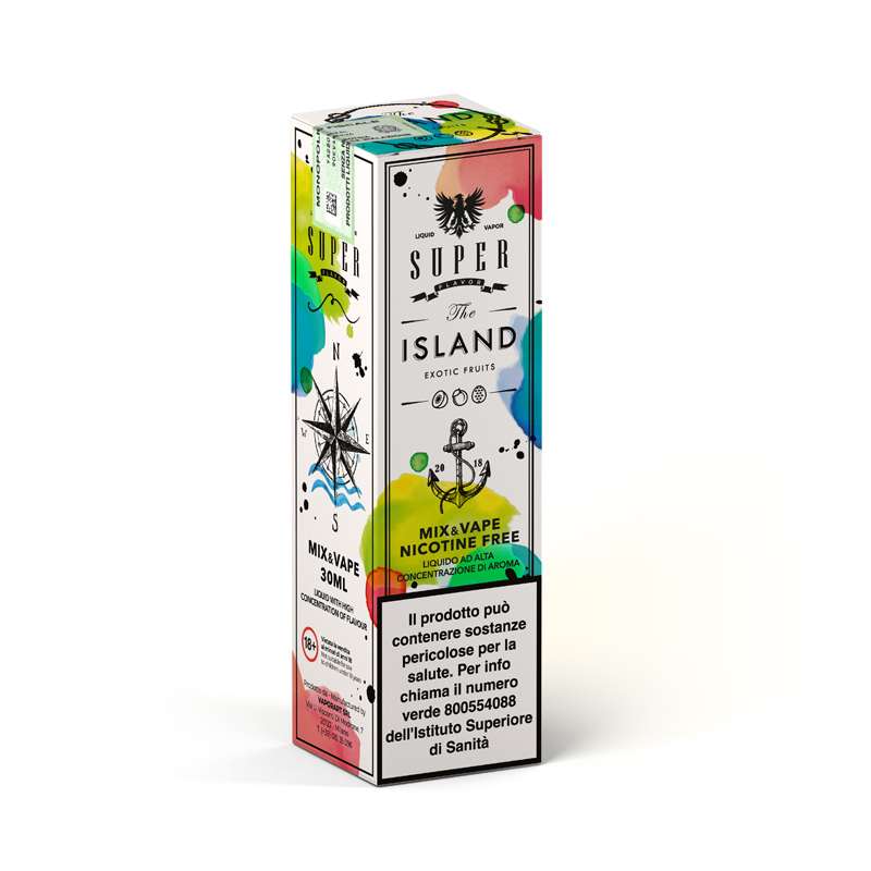 Confezione liquido The Island 30ml – aroma tropicale Seven Wonders, dettaglio scatola MoarSvapo Fabriano